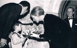 Champagne supper with the Duchess of Kent in aid of Slimbridge Wildfowl Trust at Berkeley Castle in February in 1973 with John Berkeley pn the right.