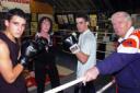 Jane Couch and Tex Woodward with boxers Danny Torr of Pucklechurch and Danny Butler of Stapleton