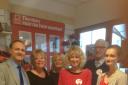 Steve Webb MP and Teresa Dovey along with volunteer helpers at the Thornbury British Heart Foundation shop