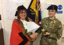 Cllr Jayne Stansfield presenting L/Cpl Butler her Mayor of Thornbury’s Youth Award