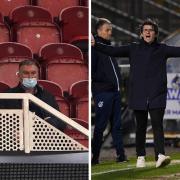 Left: Nigel Pearson watches his new Bristol City team. Right: An animated Joey Barton during his first match in charge of Bristol Rovers