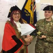 Cllr Jayne Stansfield presenting L/Cpl Butler her Mayor of Thornbury’s Youth Award