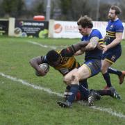 Gez Asante scrashes through the defence to score a try for Thornbury on Saturday
