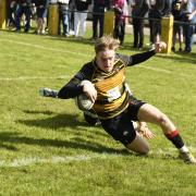 Charlie Shipp scoring the first of his two tries for Thornbury