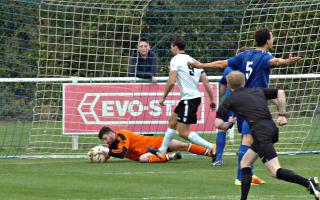 Man of the match Ollie Hall, of Slimbridge, reaches to save a shot from Salisbury on Saturday. Pic: Steve Richards