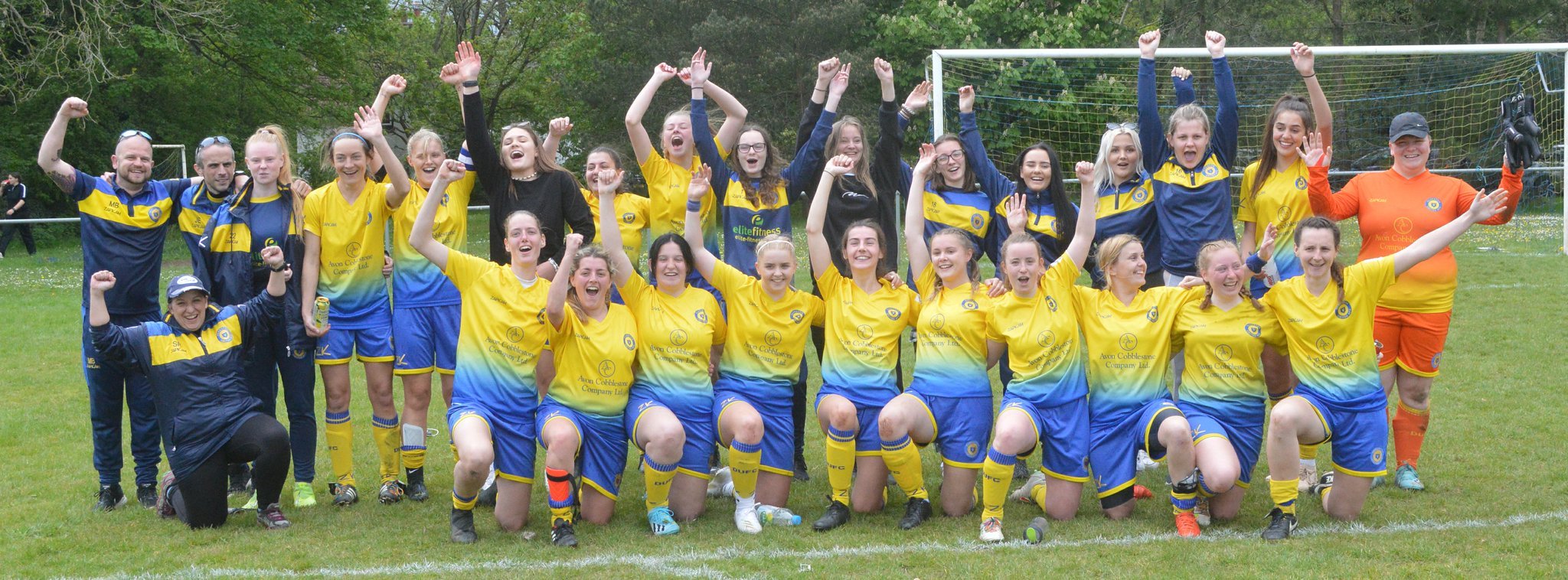 Olveston United Ladies celebrate clinching the league title following a 2-0 win over Longlevens Ladies. Photo: Soccerworld