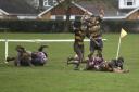 Sam Butcher scores Thornbury’s second try, to the delight of of Jake Wood (left) and Jay Burley