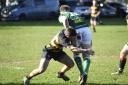 Thornbury’s Mike Priday tackles a Sidmouth player