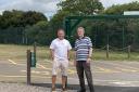 Cllr Glyn Gough (left), chair of Cam Parish Council’s recreation and leisure committee with Cllr Jon Fulcher (right), chair of Cam Parish Council at the car park