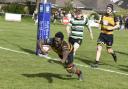 Gez Asante diving over to score Thornbury's fourth try of the cup triumph over Tottonians