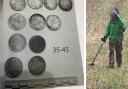 Pictured: some of the coins. Right: stock image of metal detectorist (William Starkey/Creative Commons Licence)