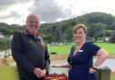 Dursley Rugby Club chairman Phil Sprague with Slimming World group consultant Ruth Voller