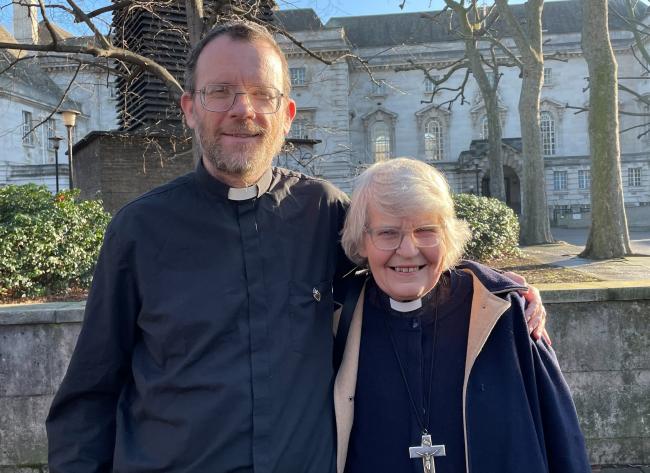 Extinction Rebellion activists Father Martin Newell and Reverend Sue Parfitt outside the Inner London Crown Court, Elephant and Castle, London, after they were unanimously acquitted of obstructing the Docklands Light Railway following their protest at