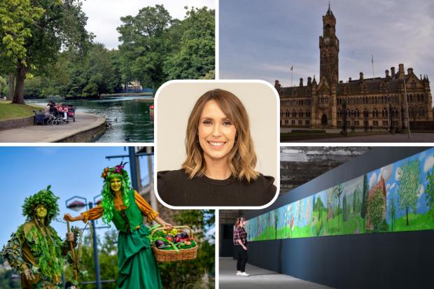 Photo of The One Show's Alex Jones, credit: BBC/Steve Schofield, centre. Other photos show Lister Park, City Hall, Shipley Art Festival and large artwork by David Hockney on show at Salts Mill.