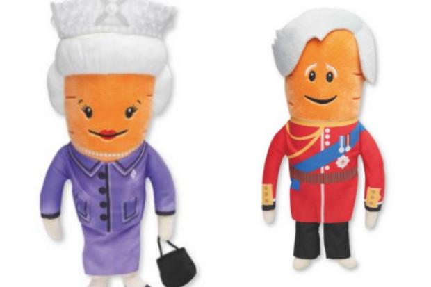 Gazette Series: Kevin the Carrot toys: (right) the Queen and (left) Prince Charles (Aldi/Canva)
