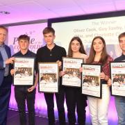 Chris Pockett of Renishaws presenting awards to Guy Saxby, Oliver Cook, Lottie Clements, Oli Clements and Elena Clements
