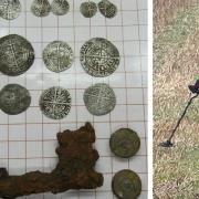 The 14 English hammered mediaeval coins and one Portuguese coin from the same era were found on a hillside in Dursley in November. Right: Stock image of detectorist (by William Starkey/Creative Commons)