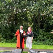 Artist Kate Richardson with Yate Mayor Karl Tomasin at the Witches Hat Play Area.