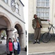 Left: Councillors Doina Cornell and Danae Savvidou at the Market House in Dursley. Right: An actor portraying Mikael Pedersen  at a recent event held in Dursley