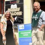 Stroud District Foodbank Manager Amanda Strover and Dr Simon Opher at Dursley’s Chantry Centre