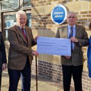 Lyegrove Lodge members Chris Cooper and Roger Tingay presenting a cheque at Citizens Advice South Gloucestershire’s office in Yate, with development manager Rebecca Brown and individual giving fundraiser Katie Collier