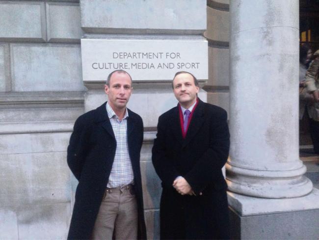 Elberton resident Andrew Watkins and Steve Webb MP outside the Department for Culture, Media and Sport  (2993380) (2995816)