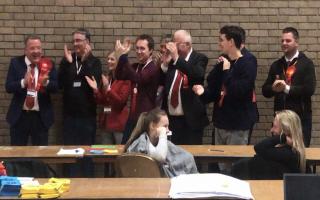Labour candidates and campaigners celebrate taking both seats In Filton ward at the South Gloucestershire Council local elections in May 2023