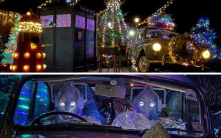 The Doctor Who festive display features a Dalek, full-size Tardis and even two cybermen inside a Morris Minor