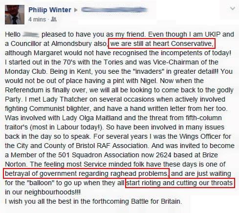 Gazette Series: Local Almondsbury Councillor Mr Philip Winters - Racist Comments.