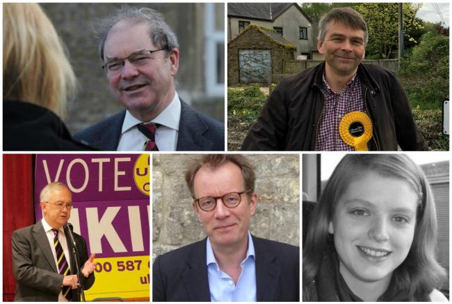 Candidates clockwise: Conservative Geoffrey Clifton-Brown, Lib Dem Dr Andrew Gant, Green Sabrina Poole, Labour Mark Huband, UKIP Chris Harlow